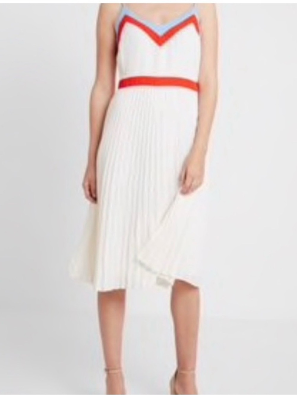 Banana Republic White Pleated Midi Dress with Red and Light Blue Trim